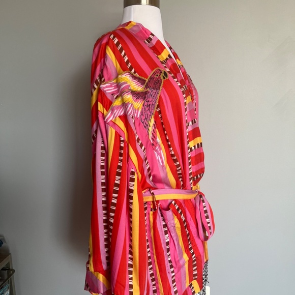 Farm Rio Lucy Parrot Stripe Tie Waist Embroidered Birds Cover Up Kimono Jacket - Picture 9 of 16
